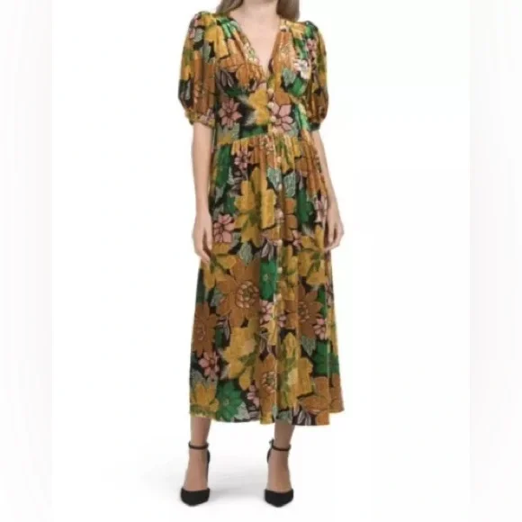 NWT $345 Farm Rio Garden Velvet Long Sleeve Midi Dress